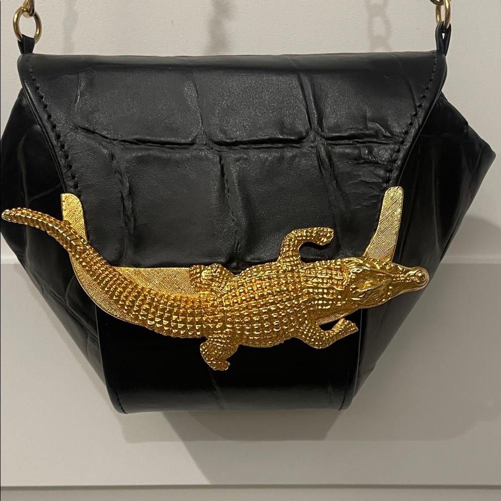 Black and Gold Crocodile Embellished Shoulder Bag